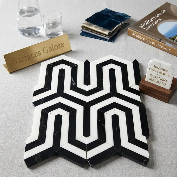 Black and white geometric mosaic marble tile with bold interlocking pattern in Thassos White Berlinetta Design polished or honed