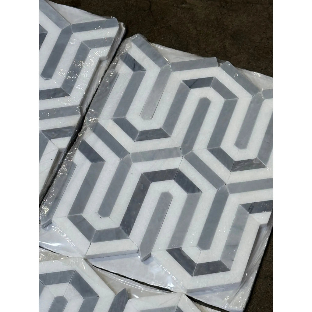 Geometric gray and white tile pattern from Thassos White Berlinetta Mosaic Marble