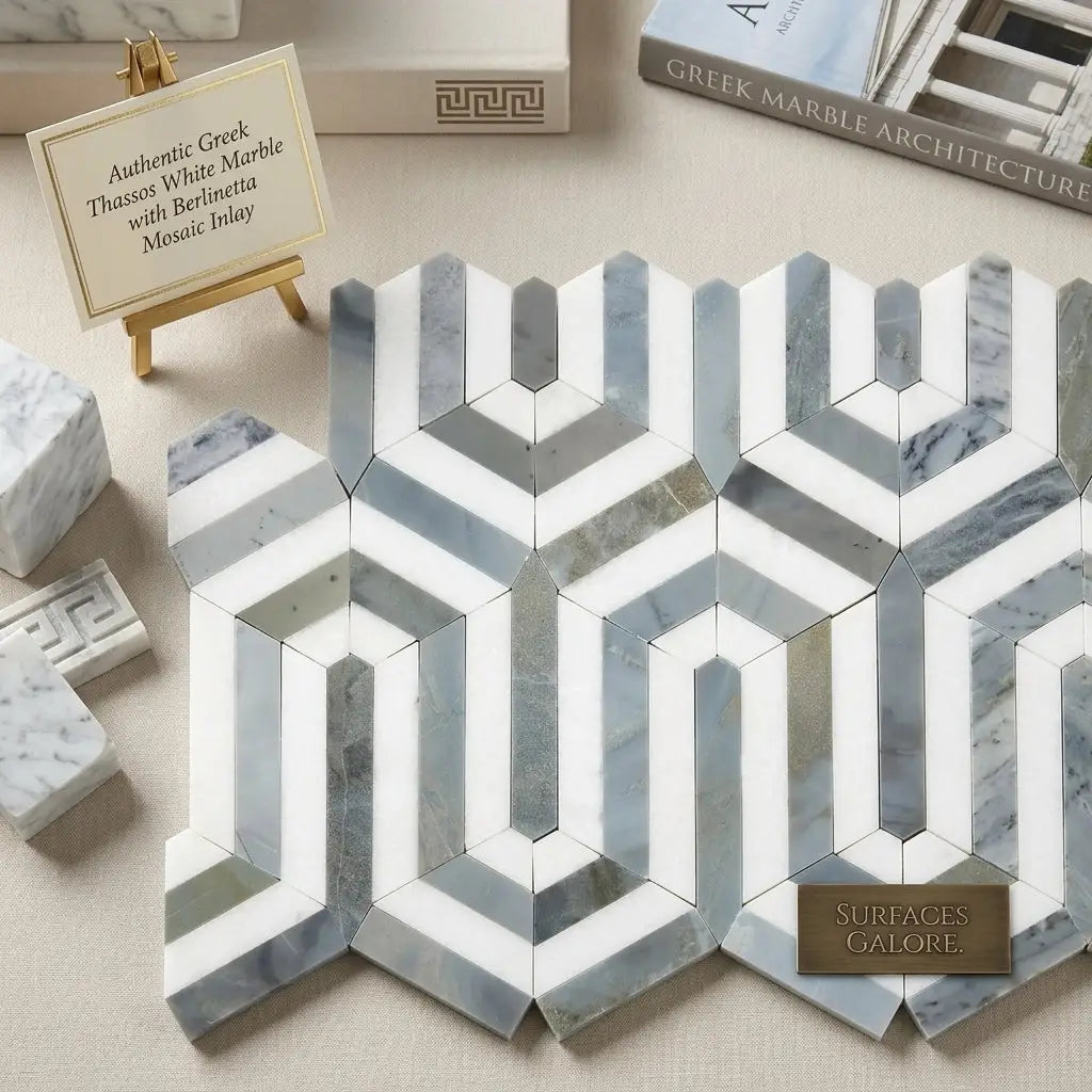 Geometric hexagonal mosaic tile in white and gray thassos white berlinetta marble with polished reflective surface