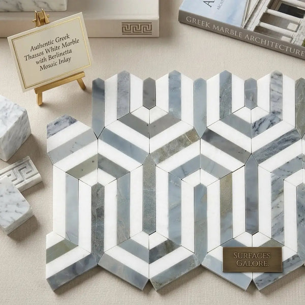 Geometric hexagonal mosaic tile in white and gray thassos white berlinetta marble with polished reflective surface