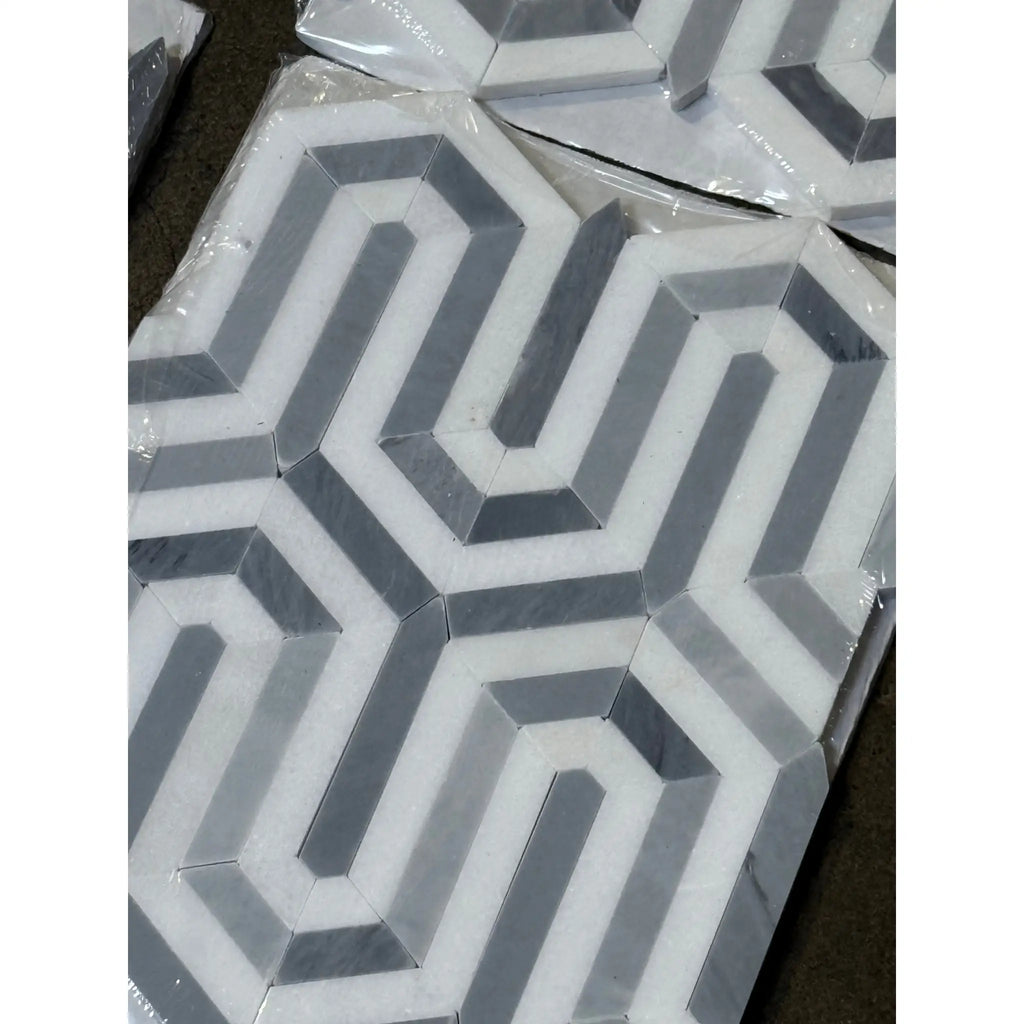 Geometric gray and white tile pattern from Thassos White Berlinetta Mosaic Marble