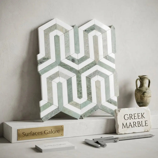 Geometrically patterned thassos white berlinetta mosaic marble tile in white and ming-green with hexagonal design