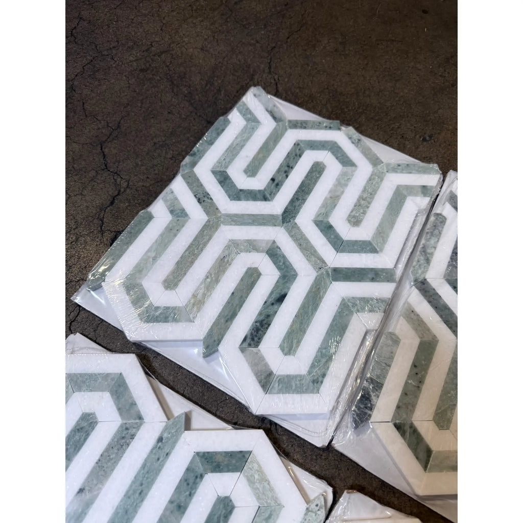 Hexagonal patterned Thassos White Berlinetta Mosaic Marble tiles with Ming-Green accents