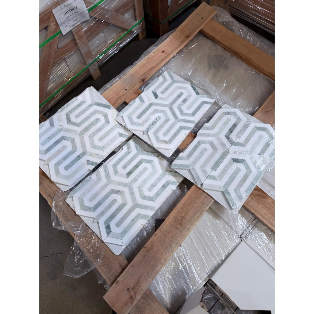 Thassos White Berlinetta Design mosaic marble tiles with white gray geometric interlocking pattern polished honed