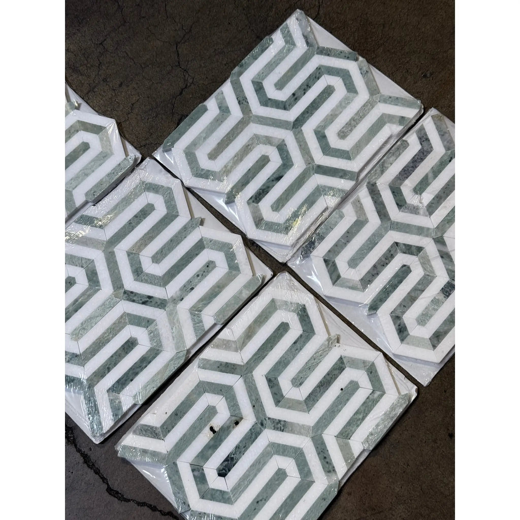 Geometric patterned tile squares from Thassos White Berlinetta Mosaic with Ming-Green accents