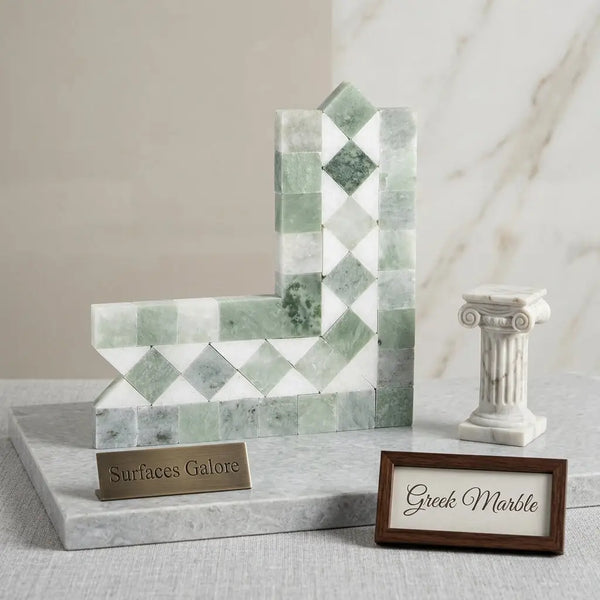 L-shaped bookends in polished green and white Thassos marble with geometric diamond pattern for stylish organization