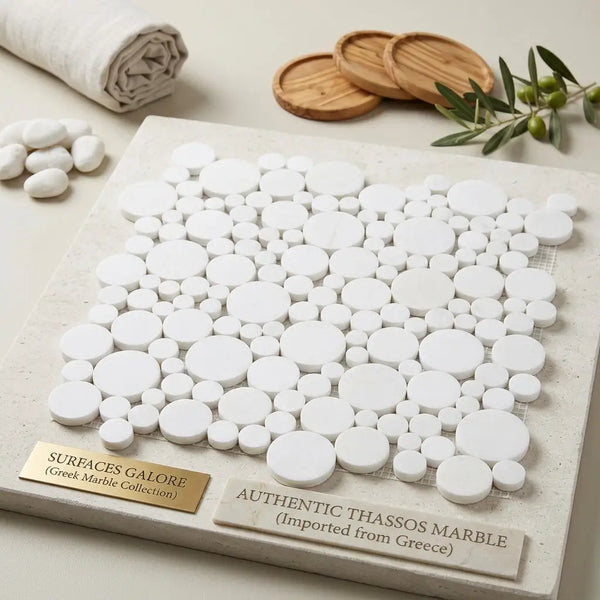 White circular mosaic tile panel of authentic Thassos marble imported from Greece polished or honed finish