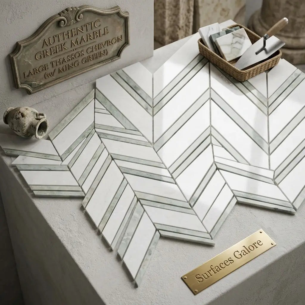 Thassos white chevron large mosaic marble tiles in white and gray chevron pattern arranged in herringbone design