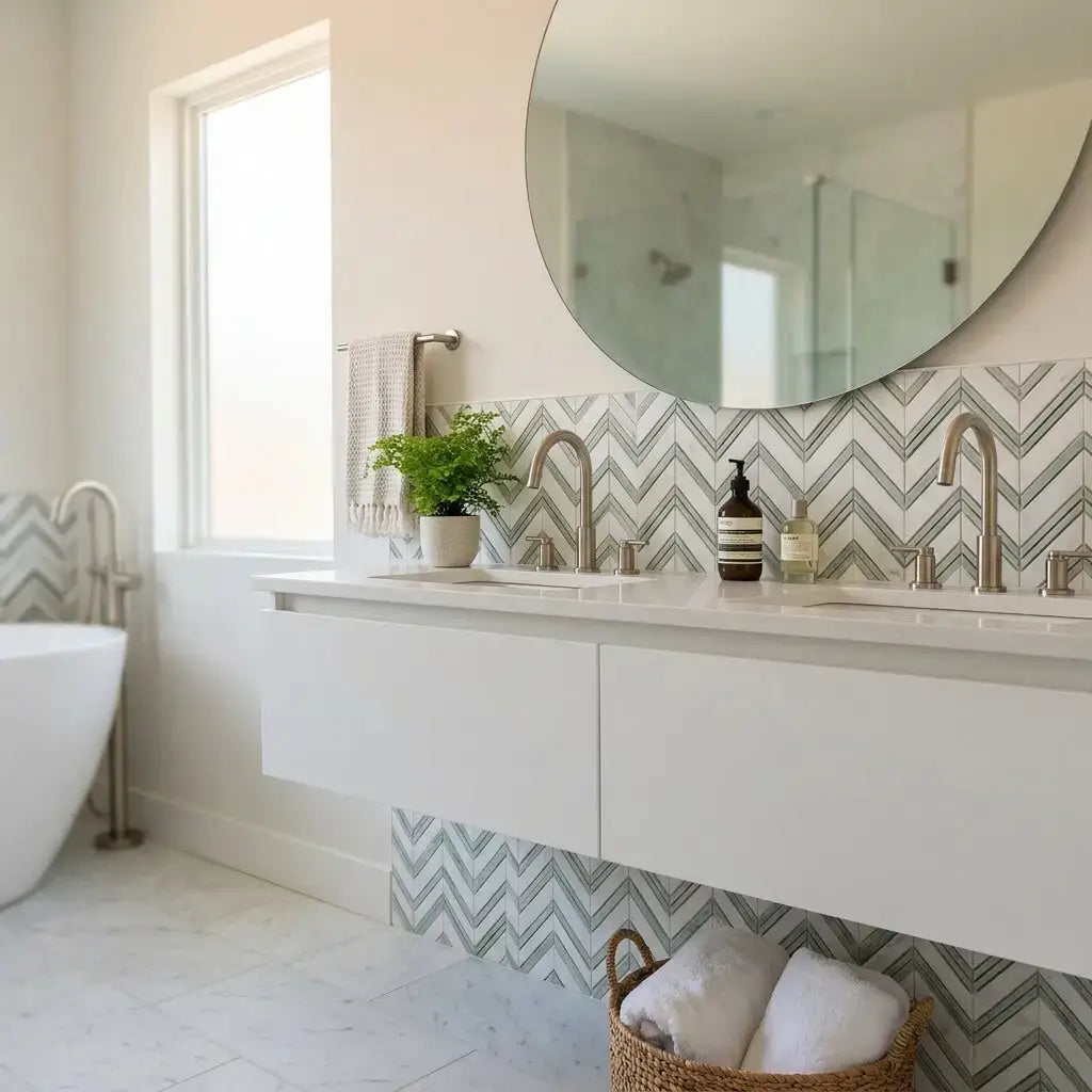 White floating vanity with sleek minimalist design and integrated sinks featuring thassos white chevron large mosaic marble