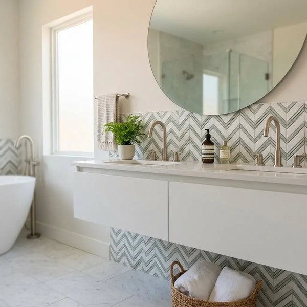White floating vanity with sleek minimalist design and integrated sinks featuring thassos white chevron mosaic marble