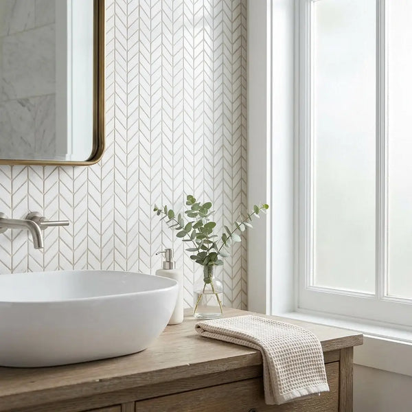 White ceramic vessel sink with sleek modern design and smooth rounded edges in thassos white chevron mini mosaic marble