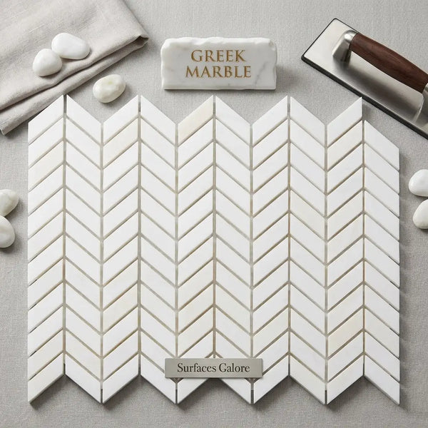 Thassos white chevron mini mosaic marble polished or honed tiles in white greek marble arranged in a chevron pattern