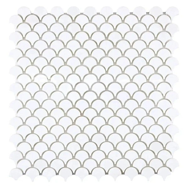 White scallop tile mosaic in Thassos White FAN Raindrop Marble, polished or honed finish
