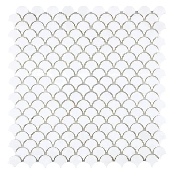 White scallop tile mosaic in Thassos White FAN Raindrop Marble, polished or honed finish