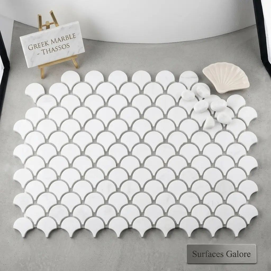 Thassos white fan raindrop mosaic marble tiles polished or honed in scalloped fish scale pattern