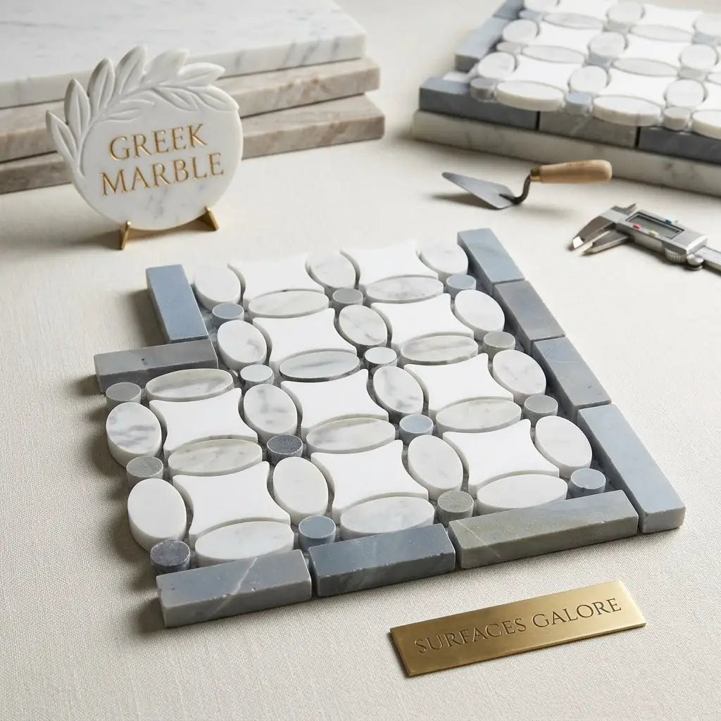 White and gray Greek marble mosaic tile featuring an elegant patterned design in Thassos White Florida Flower Border Corner finish