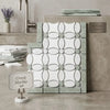 A white and gray Greek marble mosaic tile panel with oval pattern framed by light green veined stone border