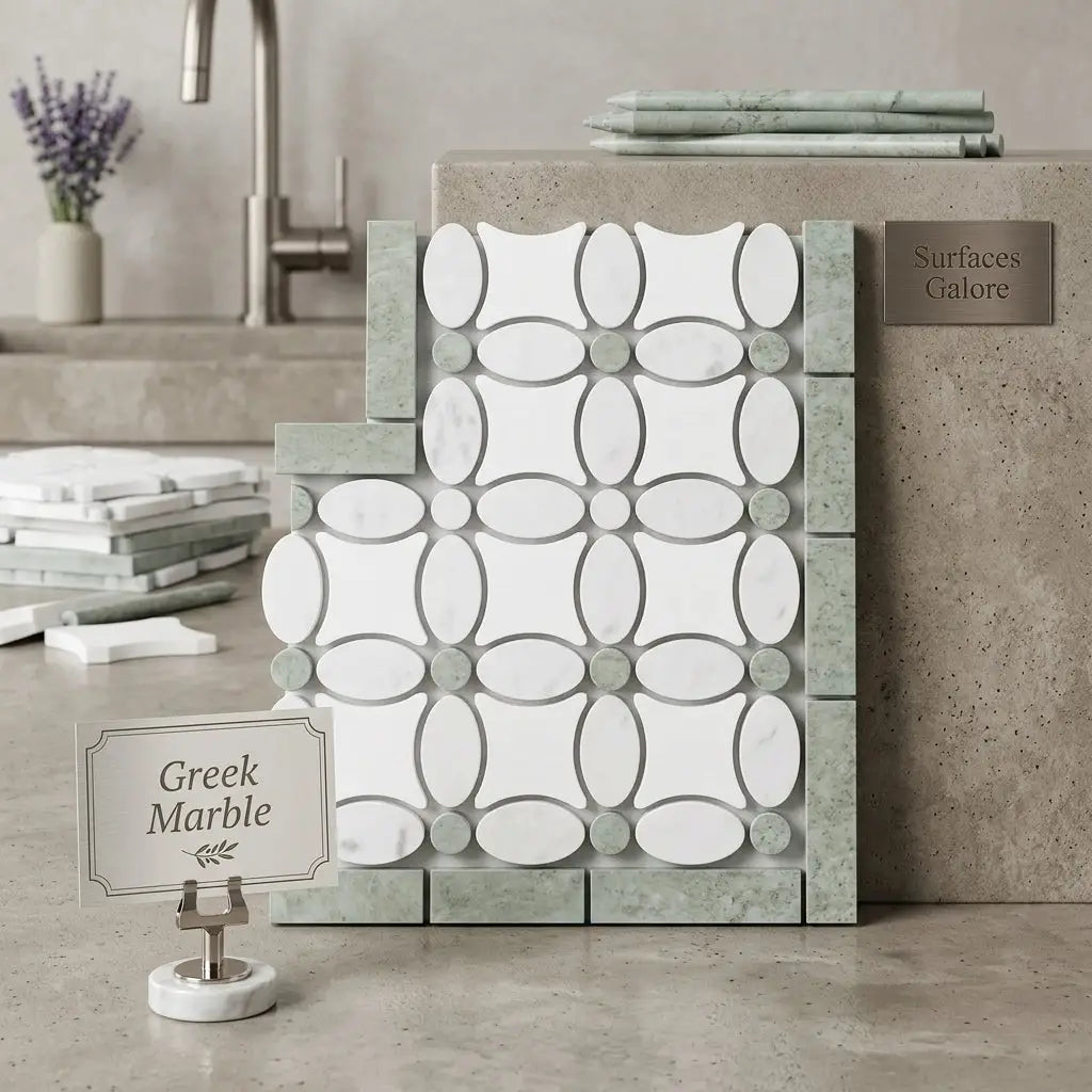 A white and gray Greek marble mosaic tile panel with oval pattern framed by light green veined stone border