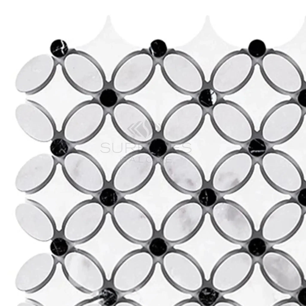 Interlocking oval and circular mosaic tile pattern in Thassos White Florida Flower Mosaic
