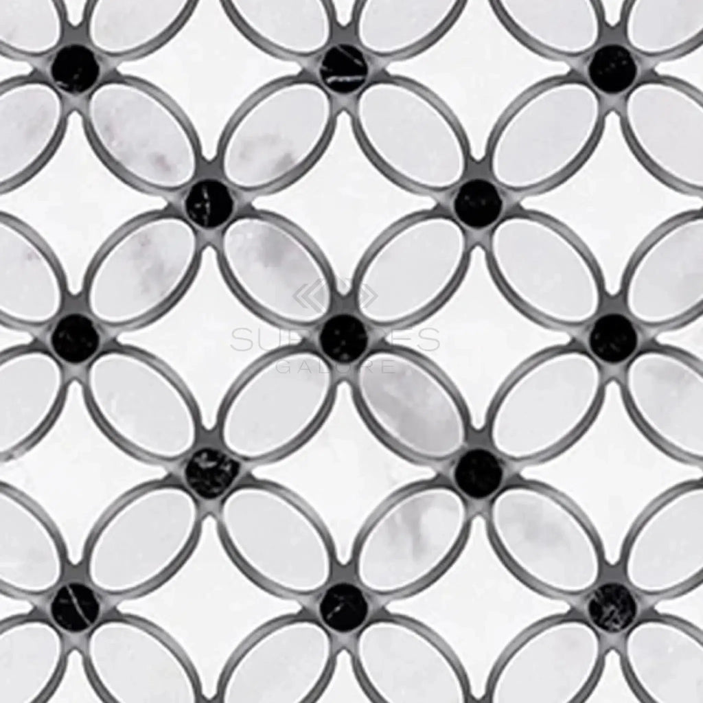 Interlocking floral mosaic tile pattern of Thassos White Florida Flower Marble