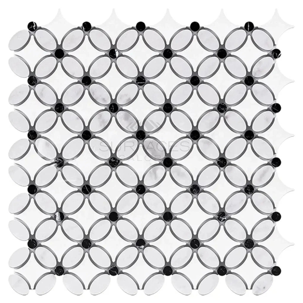 Black and white mosaic tile pattern in Thassos White Florida Flower Marble design
