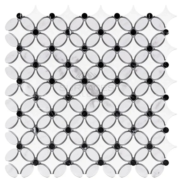 Black and white mosaic tile pattern in Thassos White Florida Flower Marble design