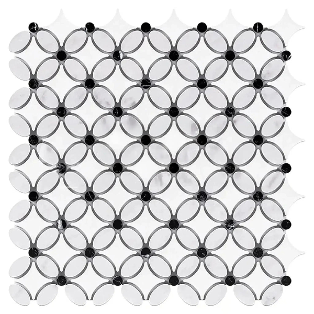 Interlocking white and black mosaic tile in Thassos White Florida Flower design