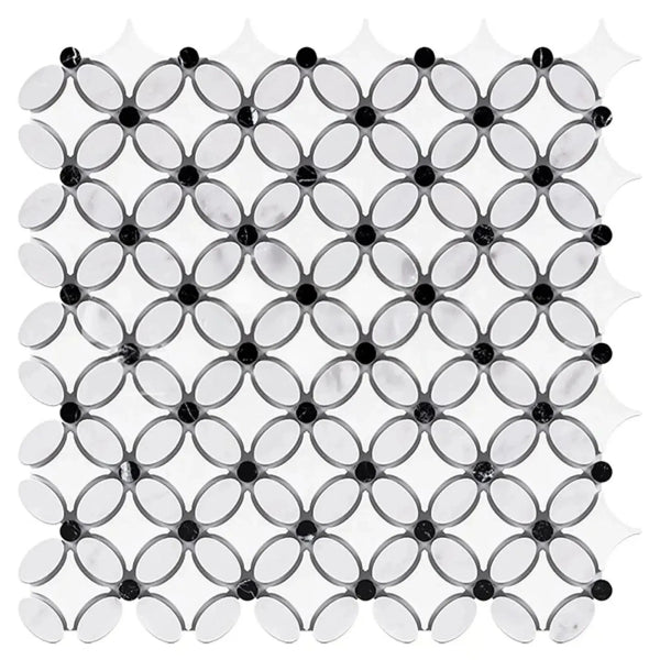 Interlocking white and black mosaic tile in Thassos White Florida Flower design