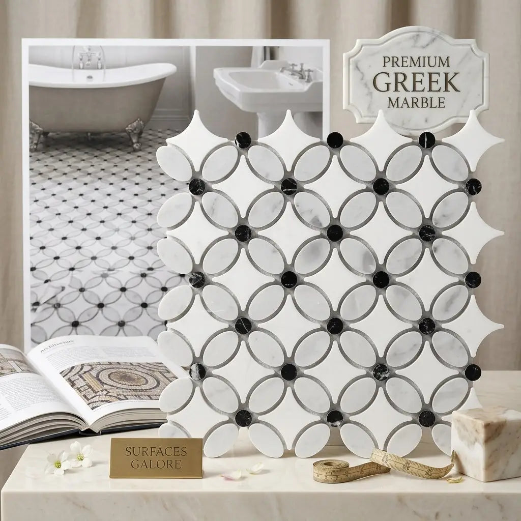 White greek marble mosaic tile with black circular accents in an elegant repeating floral pattern polished or honed finish