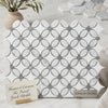 Thassos white florida flower mosaic polished marble tile featuring white and gray oval pattern with blue-gray dots
