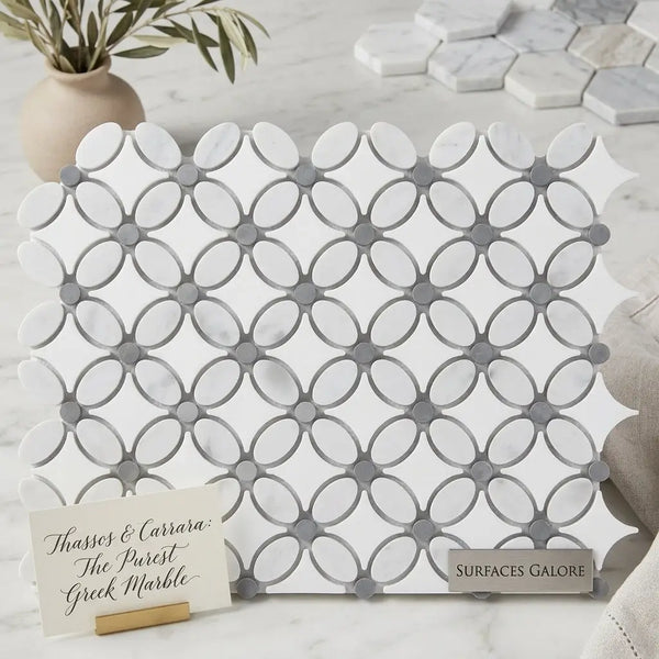 Thassos white florida flower mosaic polished marble tile featuring white and gray oval pattern with blue-gray dots