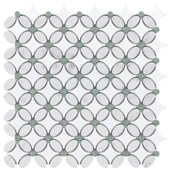 Interlocking white and gray mosaic tile in Thassos White Florida Flower Marble design