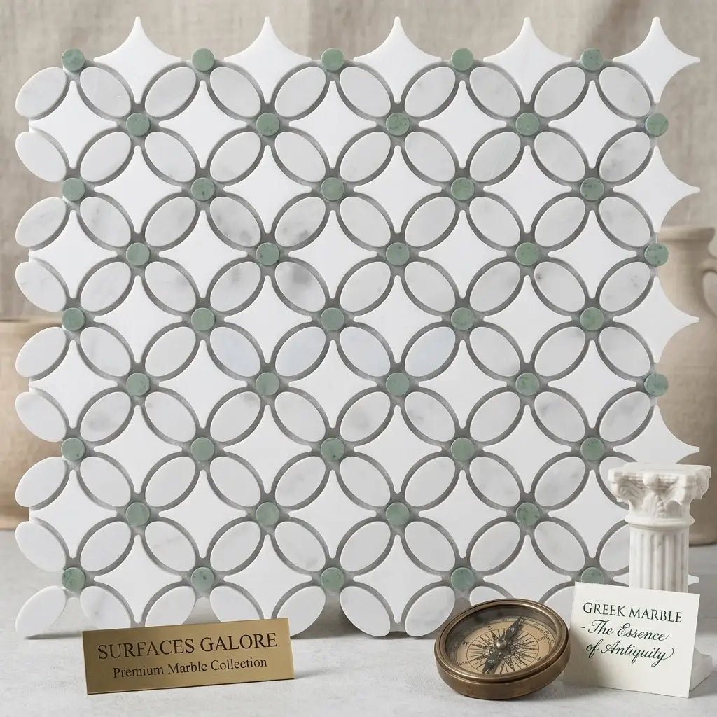White and gray marble mosaic tile with oval pattern and small sage green circular inlays thassos white florida flower mosaic