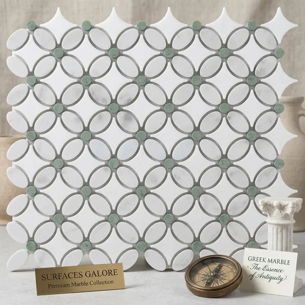 White and gray marble mosaic tile with oval pattern and small sage green circular inlays thassos white florida flower mosaic