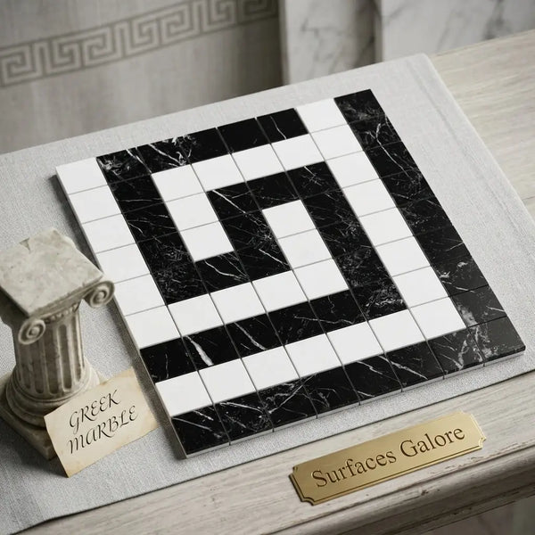 Black and white marble mosaic tile with a polished geometric Greek key pattern corner border in Thassos white and black