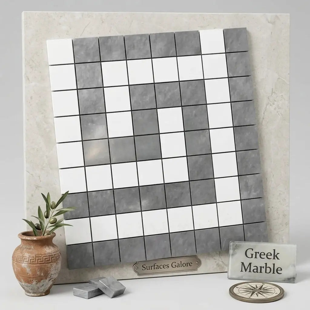 A sleek square mosaic tile panel with a checkerboard pattern of white and gray thassos marble tiles