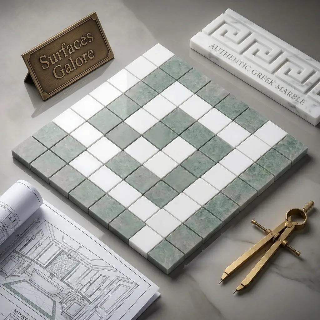 Green and white mosaic tile set in checkerboard pattern featuring thassos white greek key border corner marble 3 1/8 x 3 1/2 polished or honed