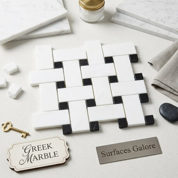 Thassos white large basketweave mosaic with black marble tile featuring a polished or honed woven pattern