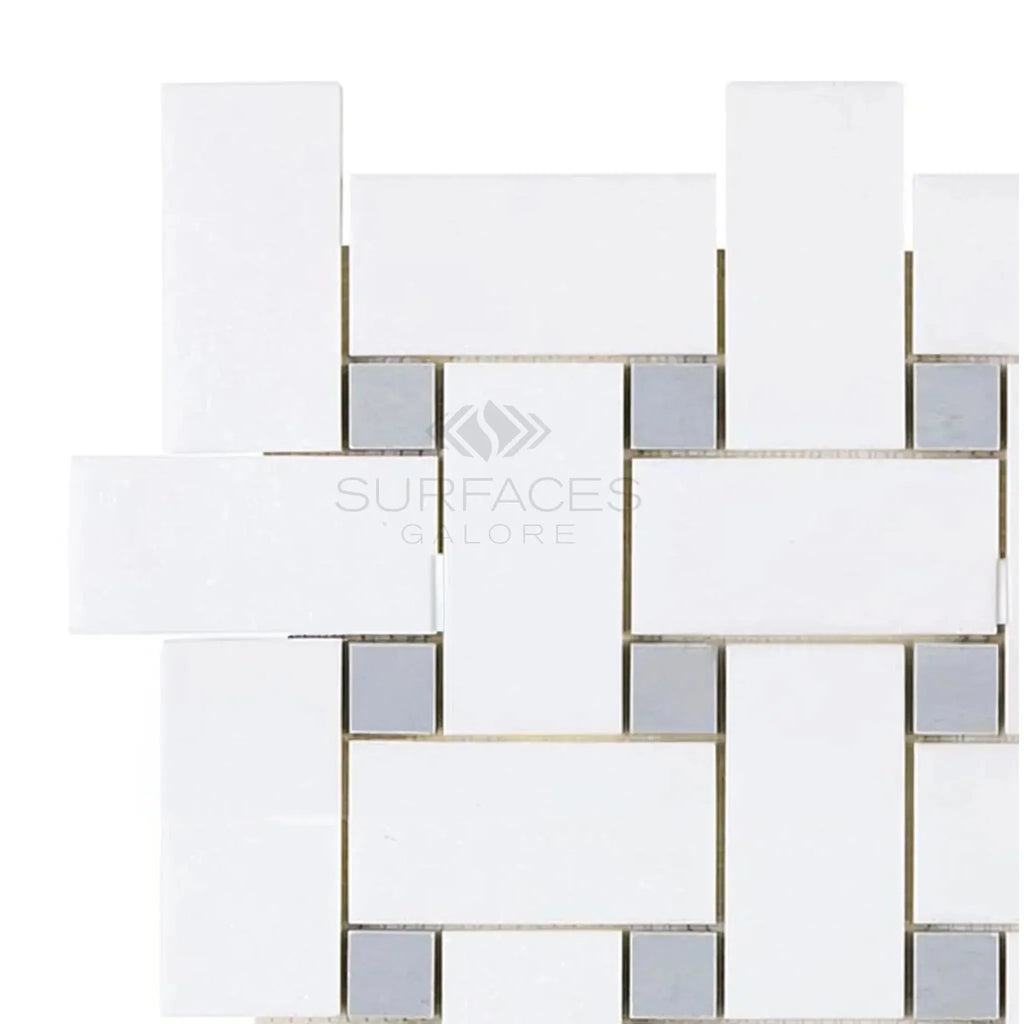 White and gray woven tile pattern in Thassos White Large Basketweave Mosaic Marble