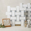White and gray marble basketweave mosaic tile wall featuring polished thassos white large tiles with blue-gray tones