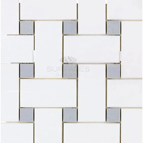 White and gray mosaic tile pattern in Thassos White Large Basketweave Mosaic design