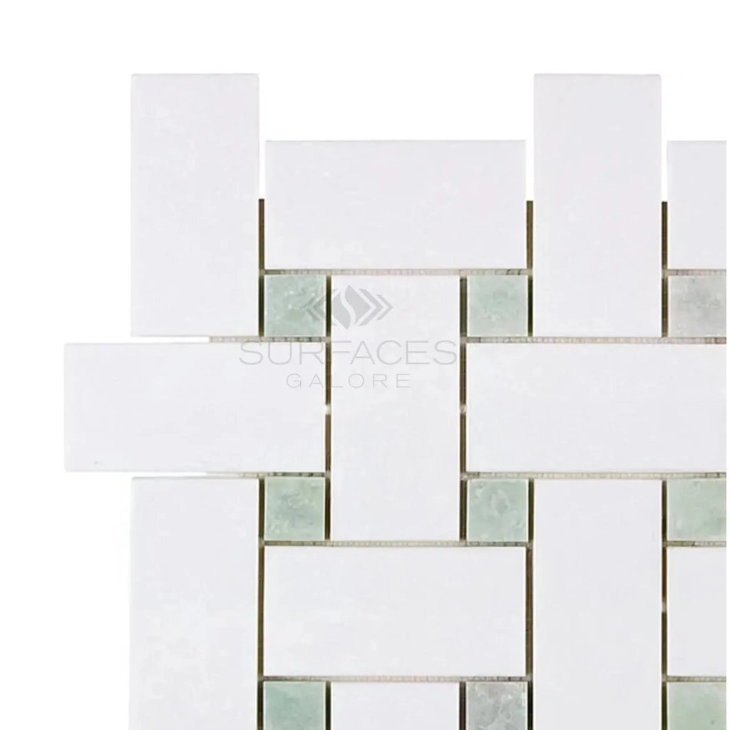 Thassos White Large Basketweave Mosaic Tile with Ming-Green Marble Accent