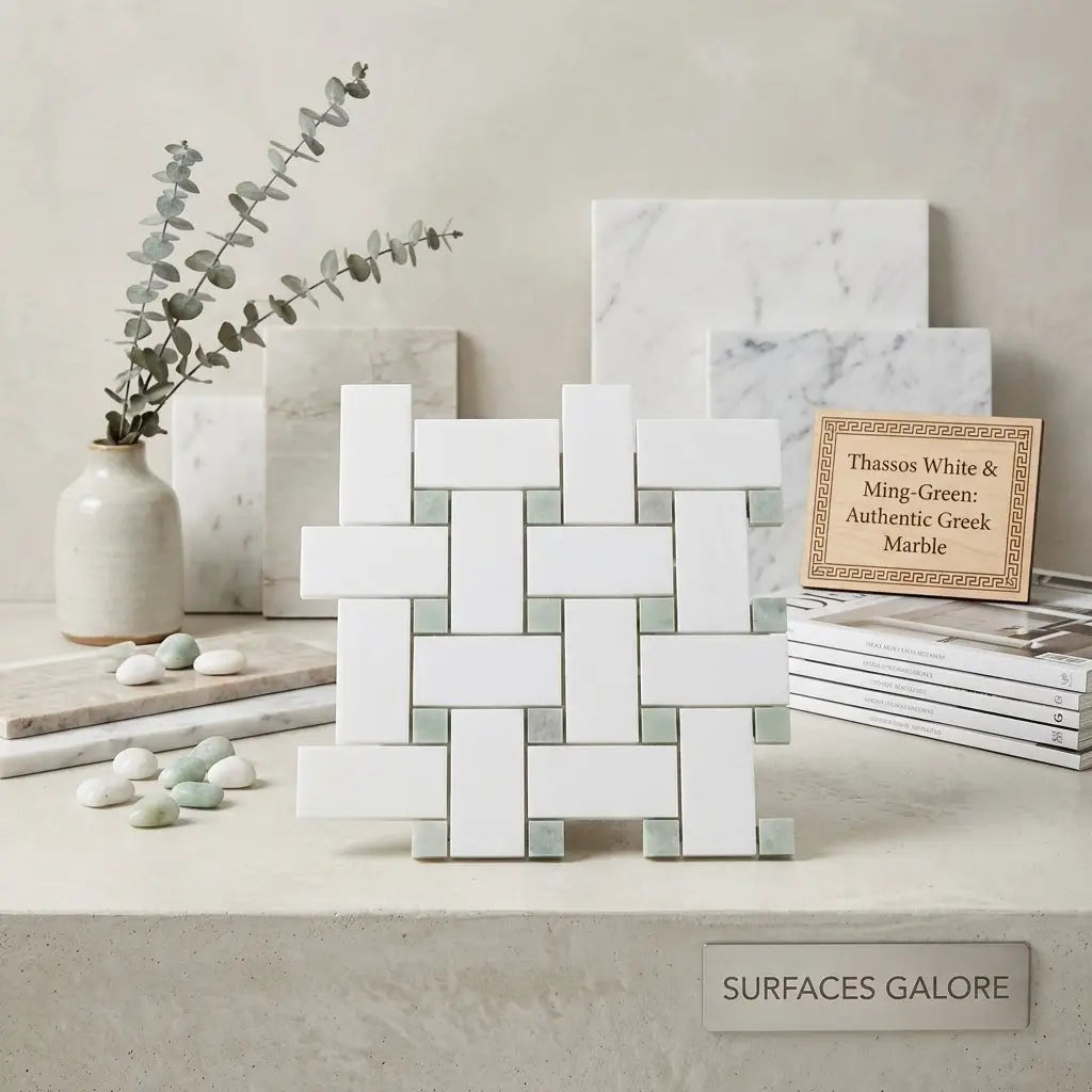 Thassos white large basketweave mosaic panel with ming-green polished marble tiles in woven basketweave design