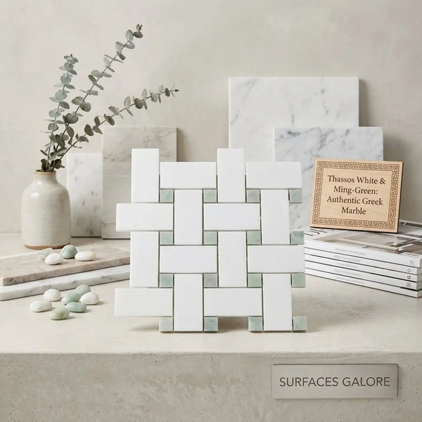 Thassos white large basketweave mosaic panel with ming-green polished marble tiles in woven basketweave design