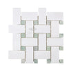 Woven white and green mosaic tile of Thassos White Large Basketweave Mosaic Marble