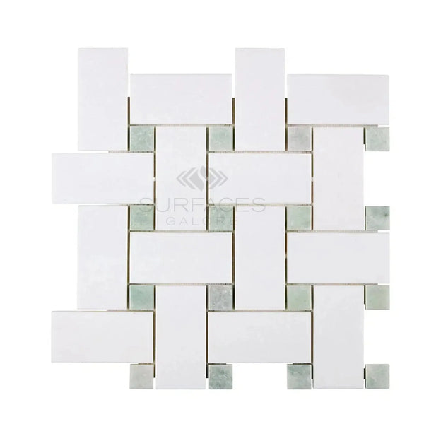Woven white and green mosaic tile of Thassos White Large Basketweave Mosaic Marble