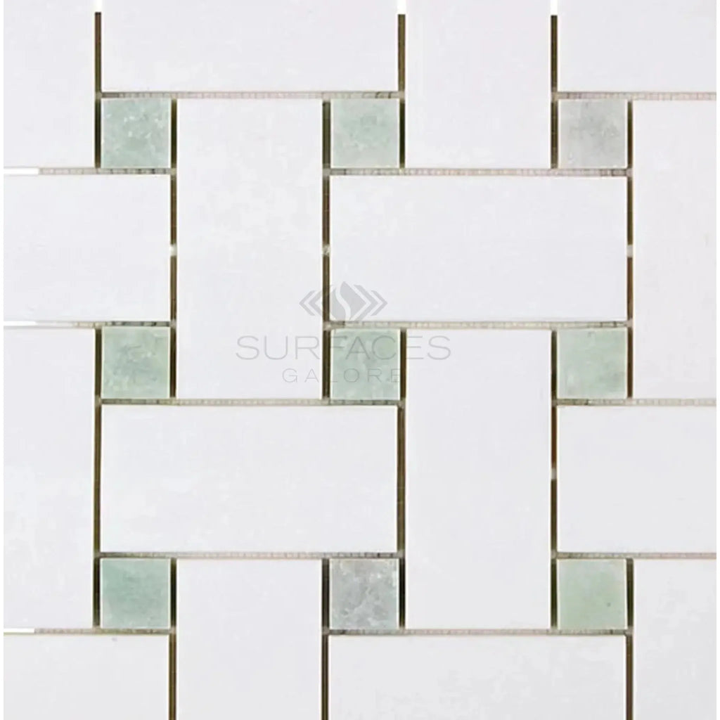 Elegant White and Green Basketweave Tile Pattern in Thassos White Mosaic Marble