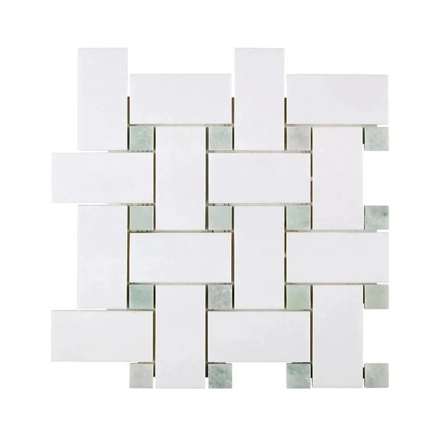 White and gray woven tile pattern in Thassos White Large Basketweave Mosaic