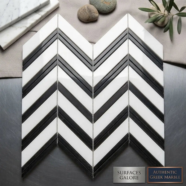 Black and white chevron patterned mosaic tile made of authentic greek thassos white marble polished or honed finish