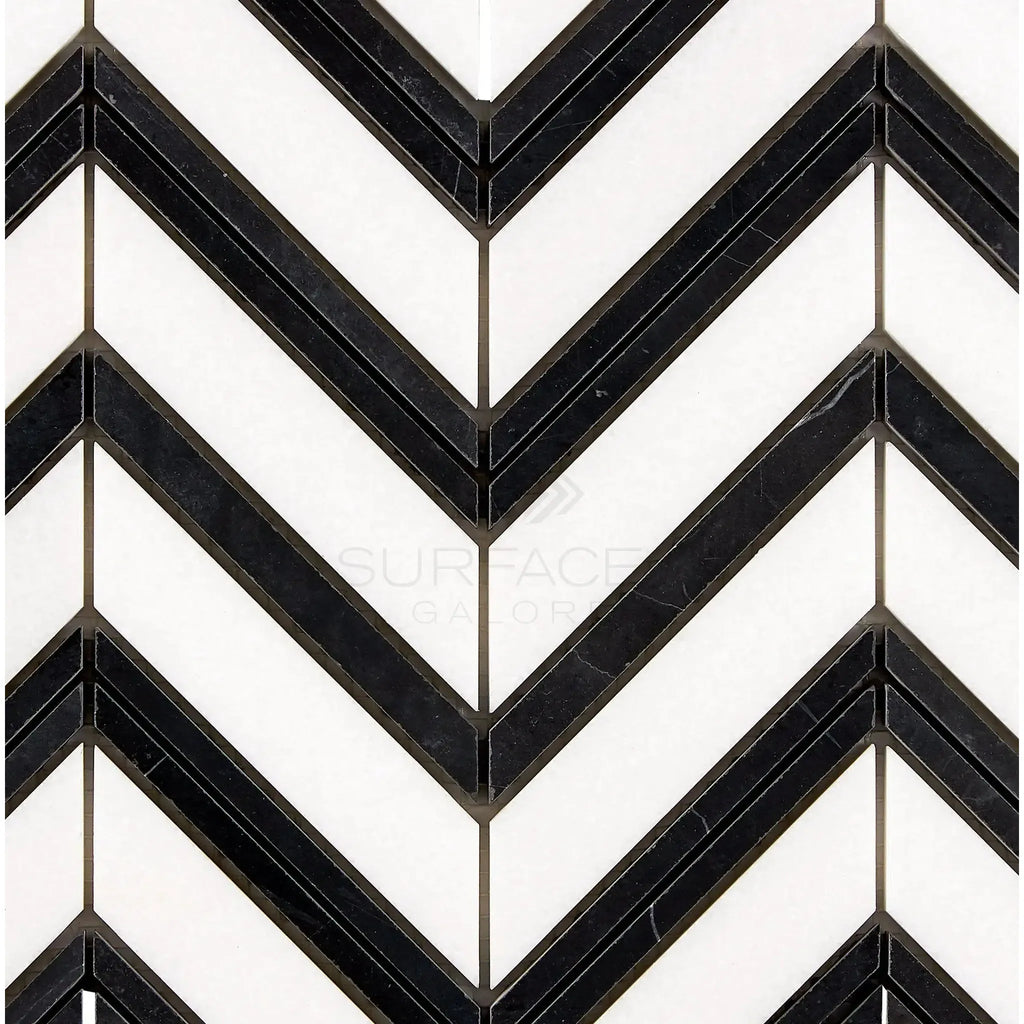 Black and white chevron tile pattern in Thassos White Large Chevron Mosaic Marble